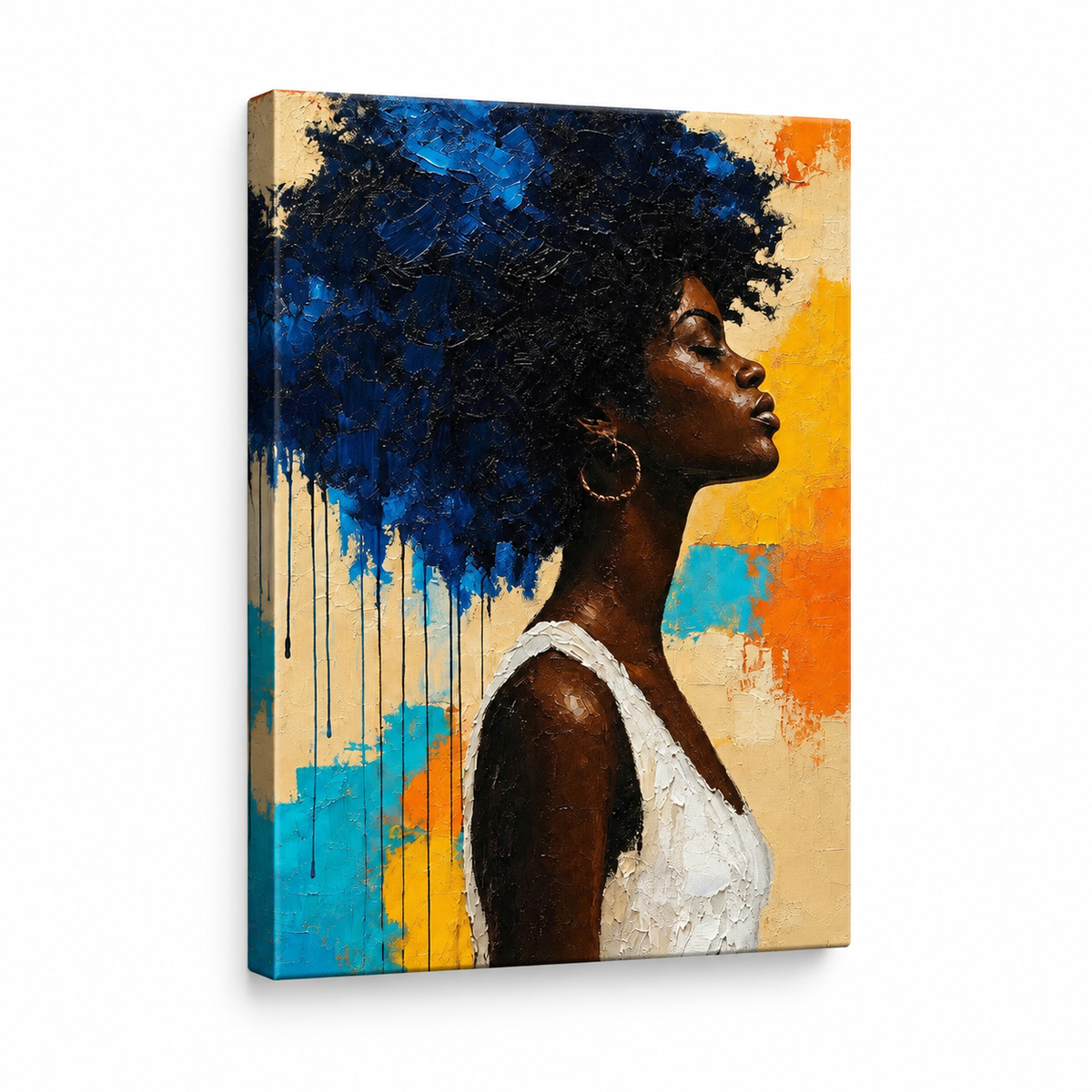 Blue Afro Profile Impasto Portrait Floater Frame Canvas Wall Art | frameless stretched canvas SKU
