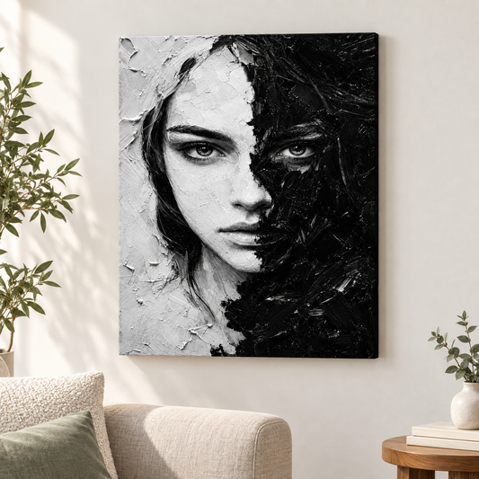 Black White Impasto Split Face Floater Frame Canvas Wall Art | frameless close wall hero