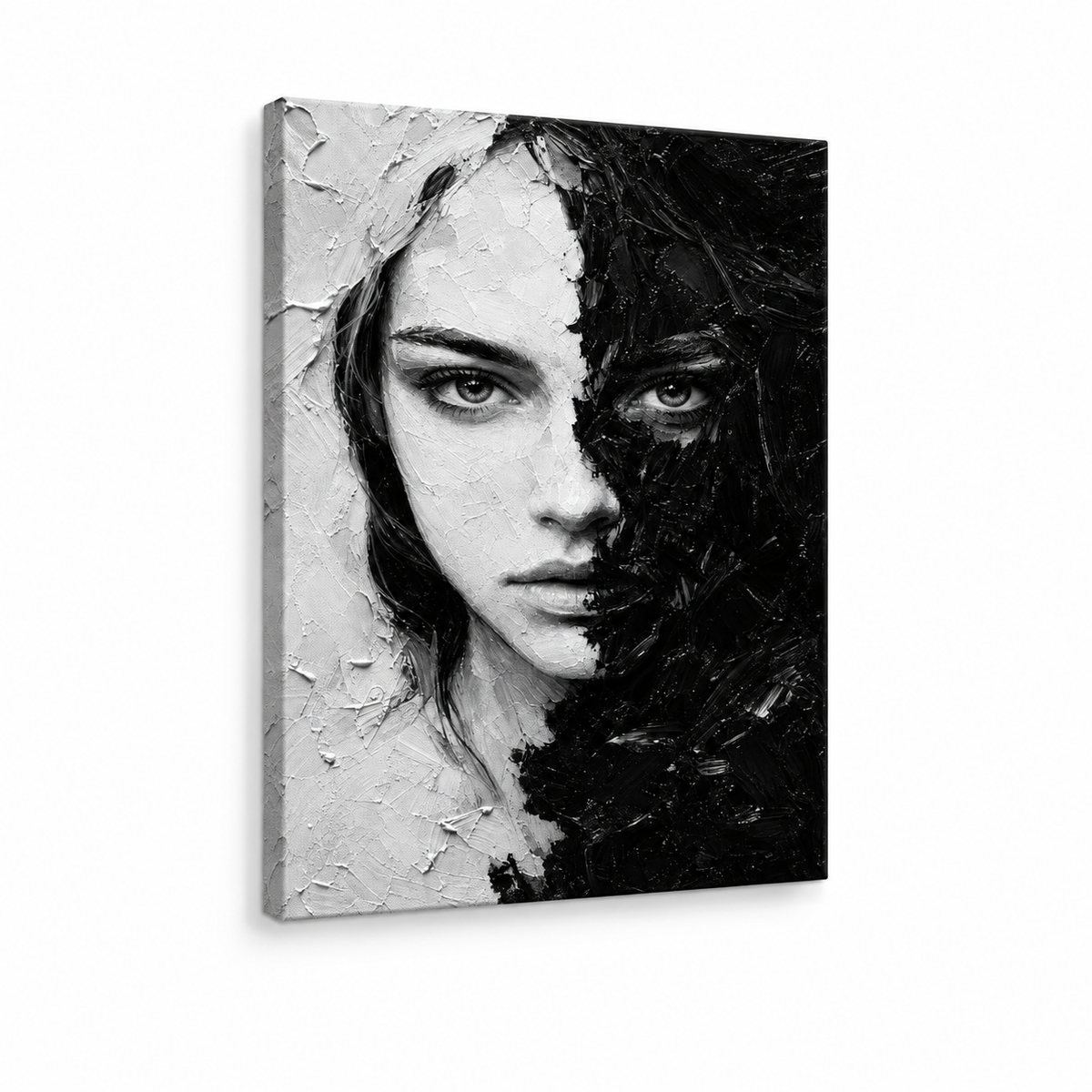 Black White Impasto Split Face Floater Frame Canvas Wall Art | frameless stretched canvas SKU