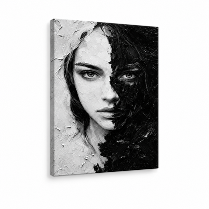 Black White Impasto Split Face Floater Frame Canvas Wall Art | frameless stretched canvas SKU