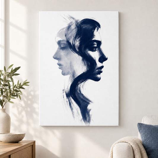 Navy Double Profile Ink Minimal Floater Frame Canvas Wall Art | frameless close wall hero