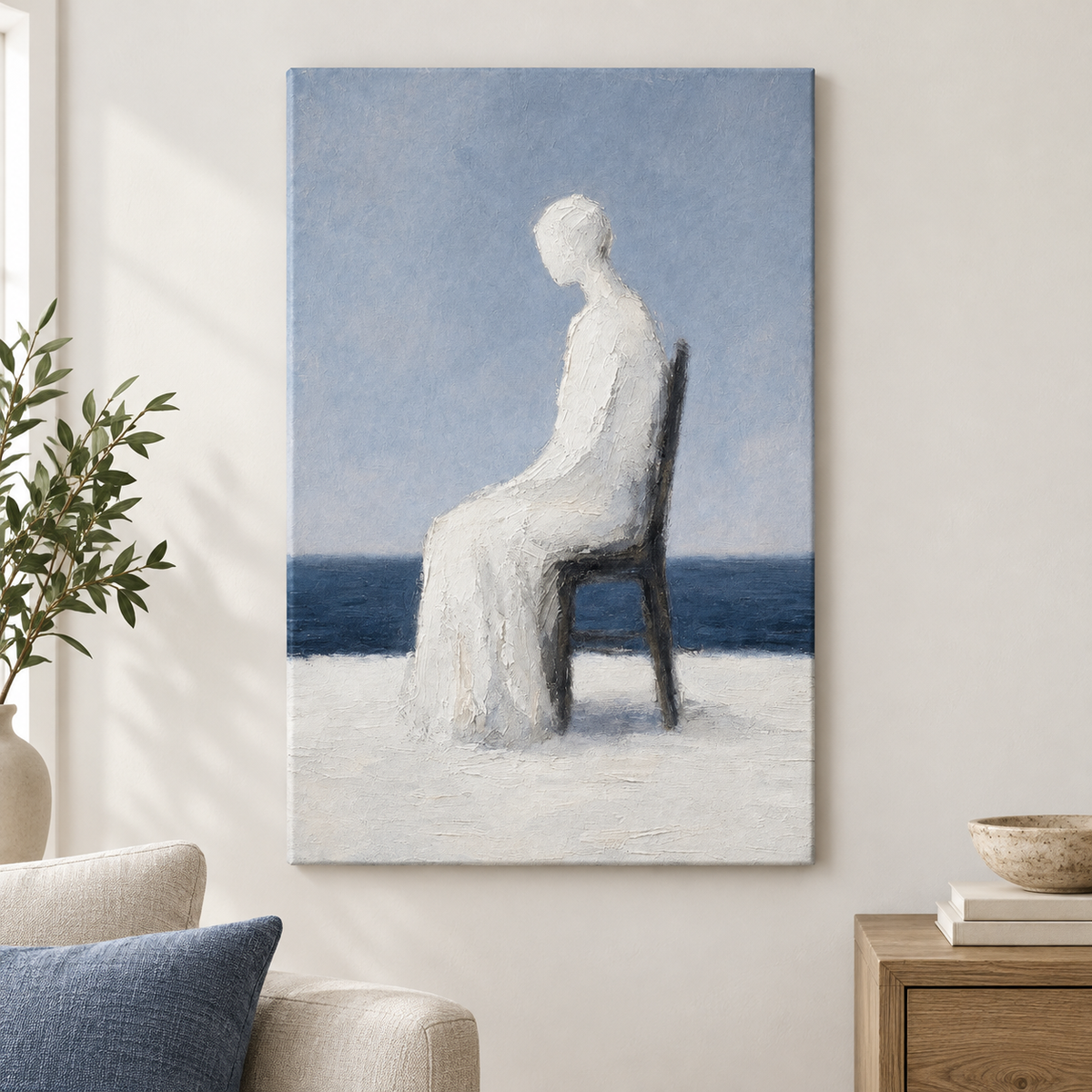 White Impasto Seated Figure Blue Horizon Floater Frame Canvas Wall Art | frameless close wall hero
