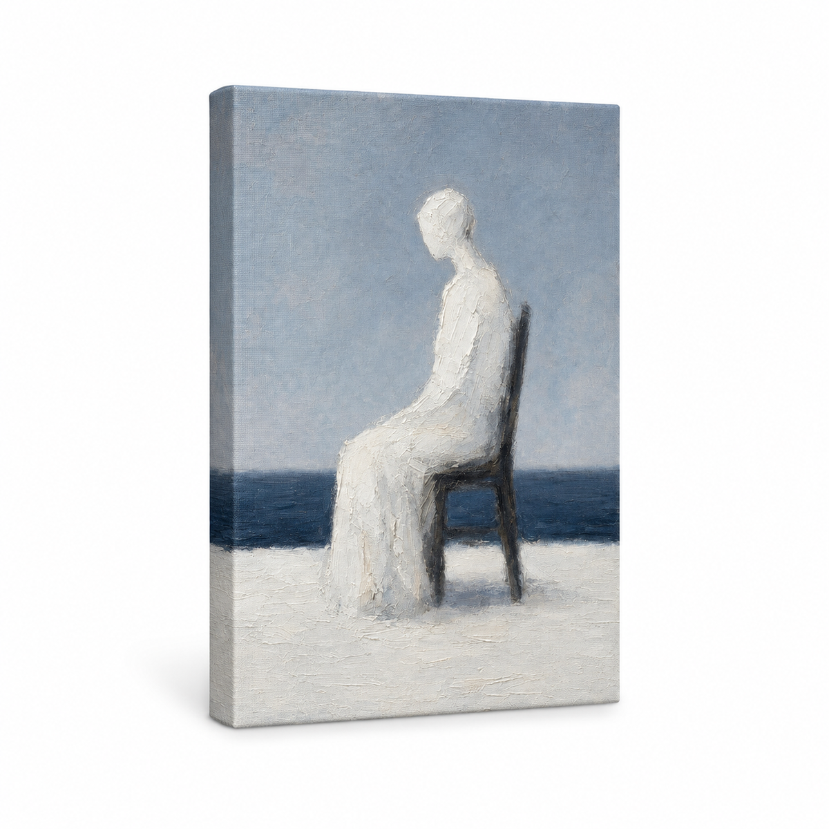 White Impasto Seated Figure Blue Horizon Floater Frame Canvas Wall Art | frameless stretched canvas SKU