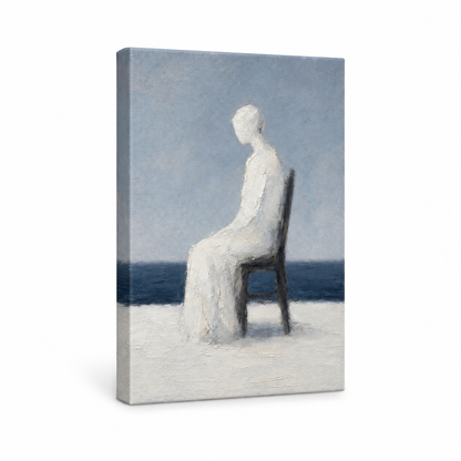 White Impasto Seated Figure Blue Horizon Floater Frame Canvas Wall Art | frameless stretched canvas SKU