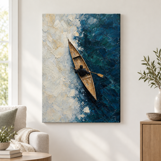 Canoe Ice Water Top View Impasto Floater Frame Canvas Wall Art | frameless close wall hero