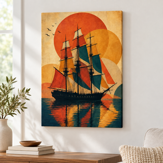 Black Three Mast Ship Retro Vector Floater Frame Canvas Wall Art | frameless close wall hero