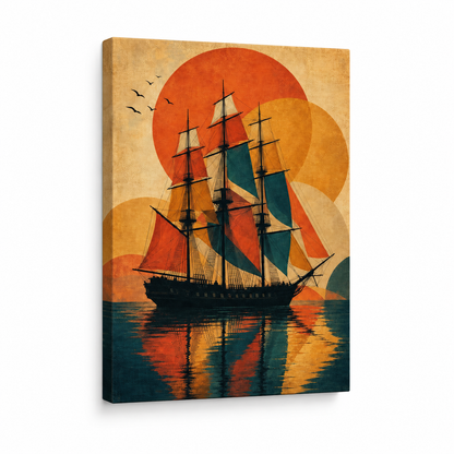 Black Three Mast Ship Retro Vector Floater Frame Canvas Wall Art | frameless stretched canvas SKU