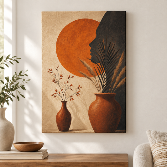 Boho Orange Sun Profile Vases Floater Frame Canvas Wall Art | frameless close wall hero