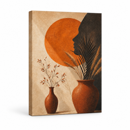 Boho Orange Sun Profile Vases Floater Frame Canvas Wall Art | frameless stretched canvas SKU