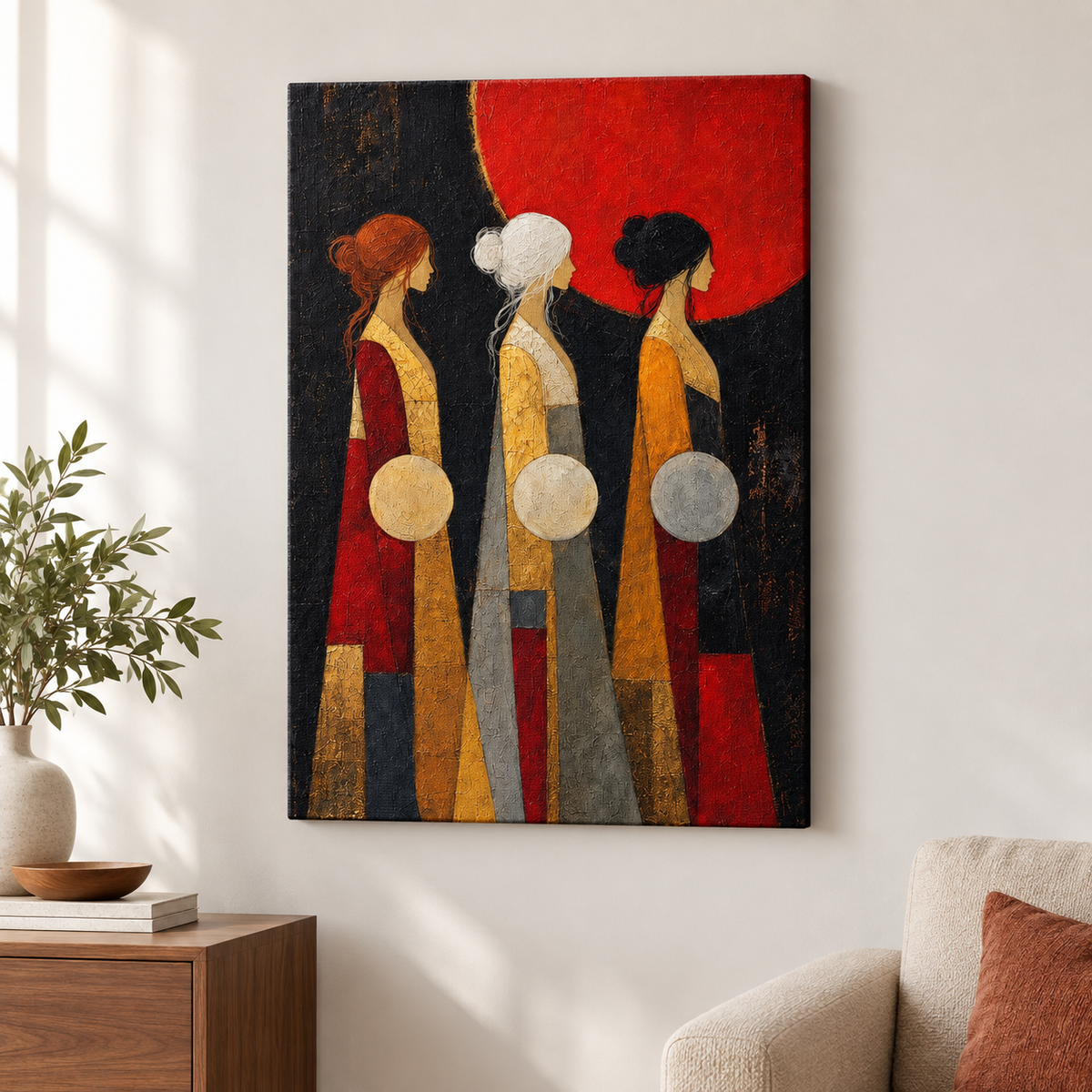 Three Women Red Sun Abstract Floater Frame Canvas Wall Art | frameless close wall hero