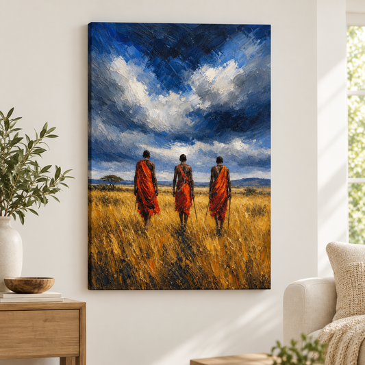 Masai Men Orange Shuka Storm Sky Floater Frame Canvas Wall Art | frameless close wall hero