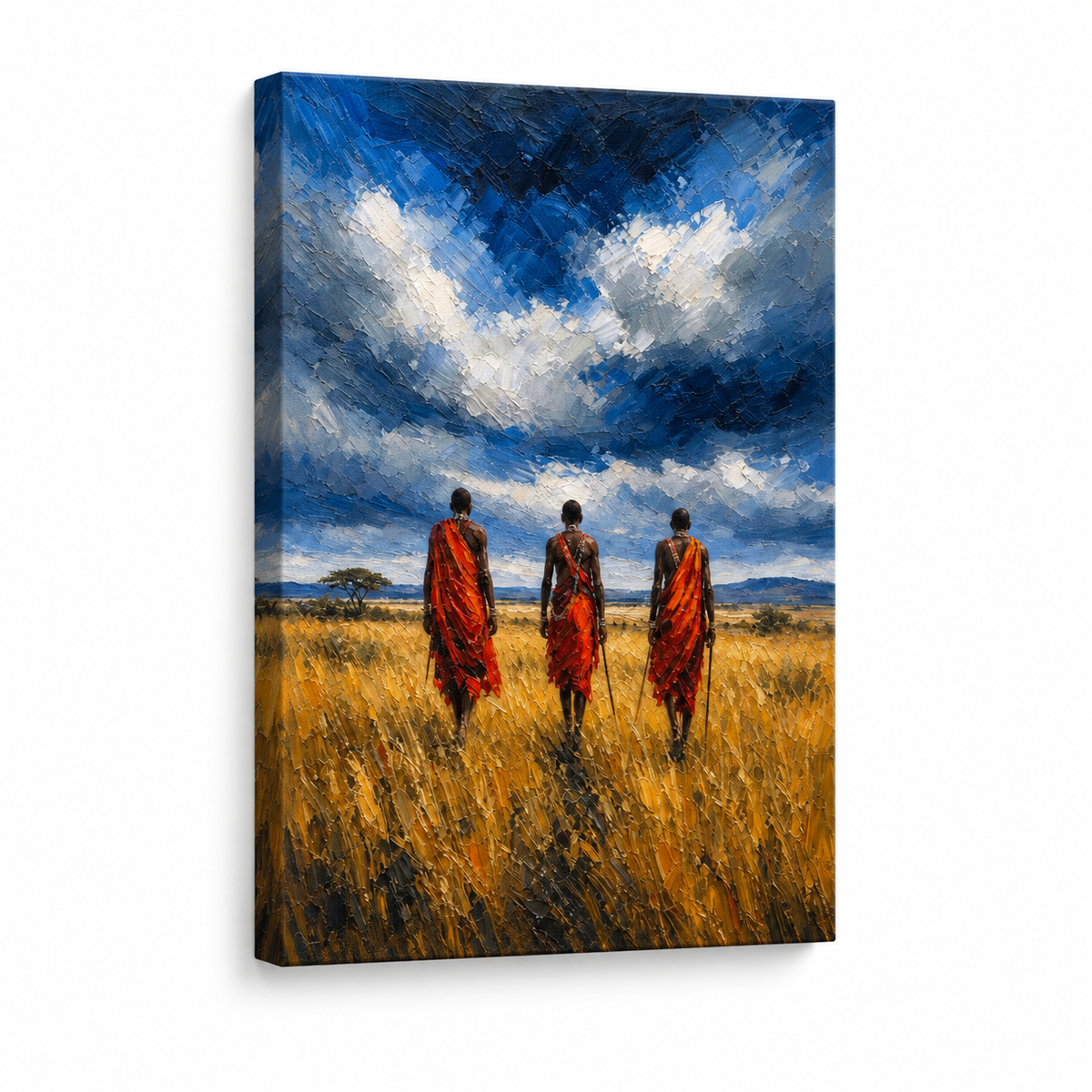 Masai Men Orange Shuka Storm Sky Floater Frame Canvas Wall Art | frameless stretched canvas SKU