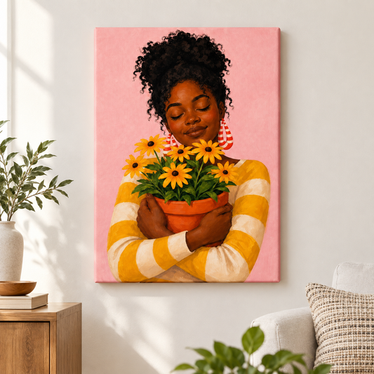 Black Woman Hugging Flower Pot Floater Frame Canvas Wall Art | frameless close wall hero
