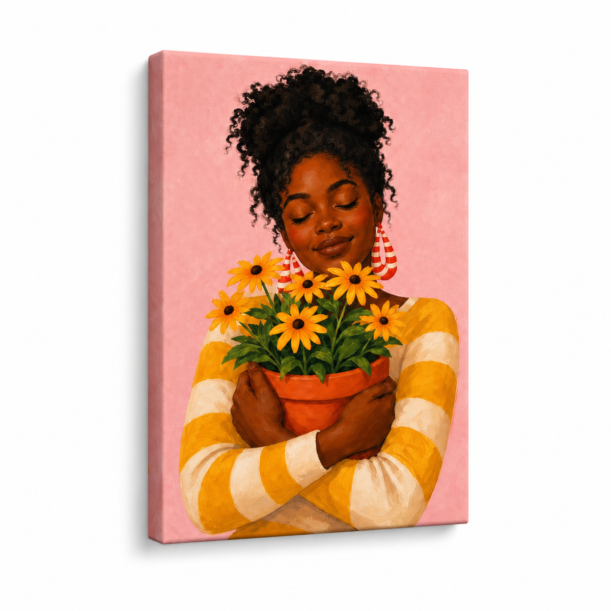 Black Woman Hugging Flower Pot Floater Frame Canvas Wall Art | frameless stretched canvas SKU
