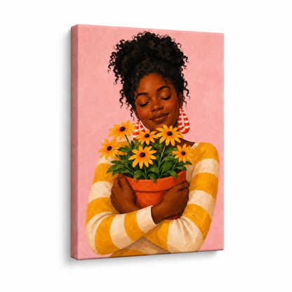 Black Woman Hugging Flower Pot Floater Frame Canvas Wall Art | frameless stretched canvas SKU