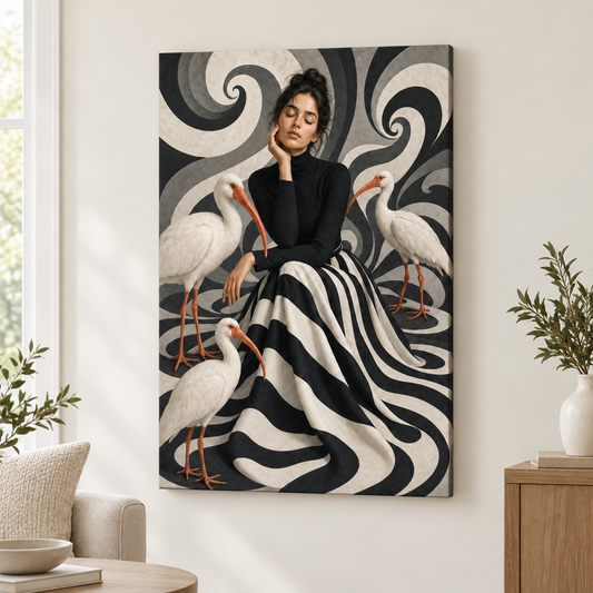 Woman Black White Stripes White Birds Floater Frame Canvas Wall Art | frameless close wall hero