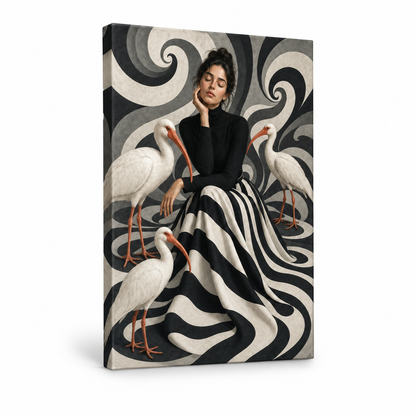 Woman Black White Stripes White Birds Floater Frame Canvas Wall Art | frameless stretched canvas SKU