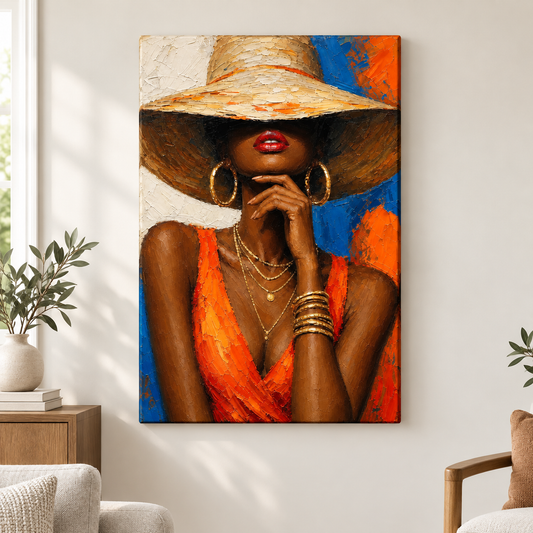 Black Woman Hat Orange Fashion Impasto Floater Frame Canvas Wall Art | frameless close wall hero