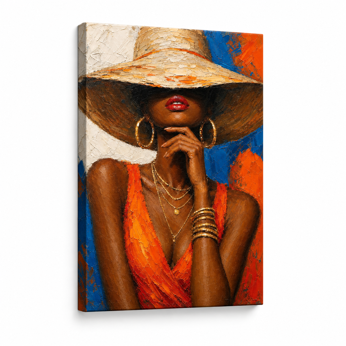 Black Woman Hat Orange Fashion Impasto Floater Frame Canvas Wall Art | frameless stretched canvas SKU