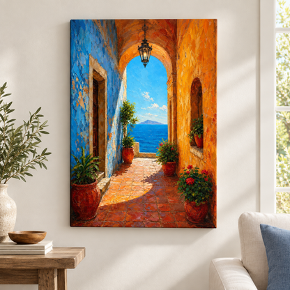 Mediterranean Arch Corridor Sea Impasto Floater Frame Canvas Wall Art | frameless close wall hero