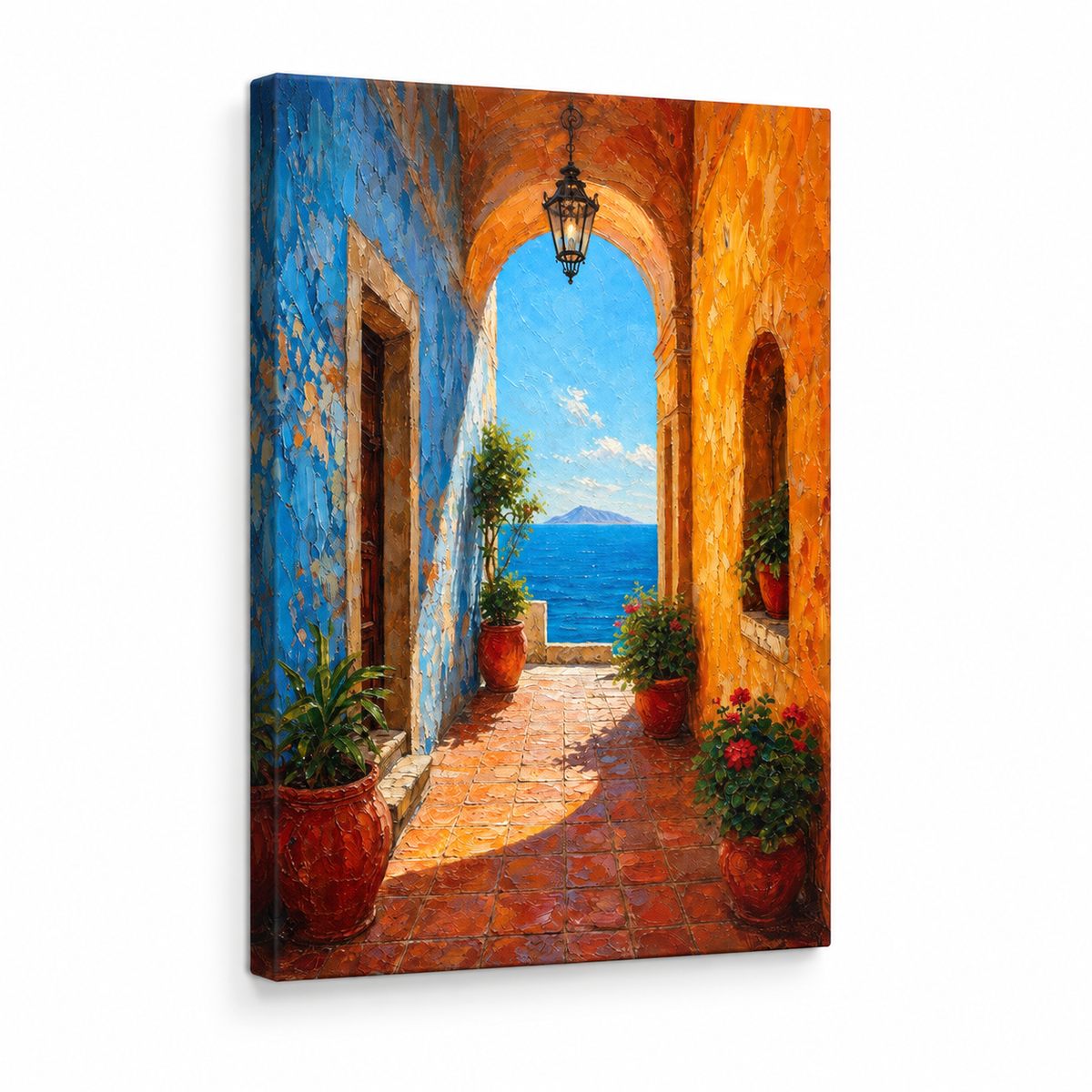 Mediterranean Arch Corridor Sea Impasto Floater Frame Canvas Wall Art | frameless stretched canvas SKU