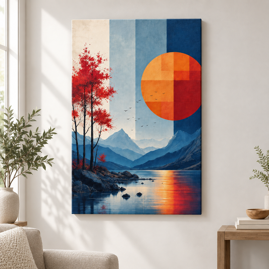 Geometric Sun Moon Mountains Lake Birds Floater Frame Canvas Wall Art | frameless close wall hero