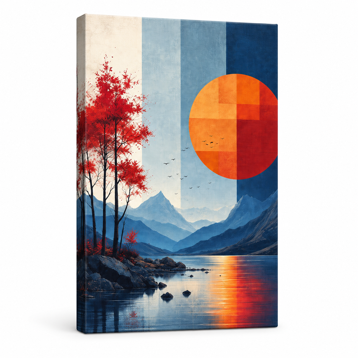 Geometric Sun Moon Mountains Lake Birds Floater Frame Canvas Wall Art | frameless stretched canvas SKU
