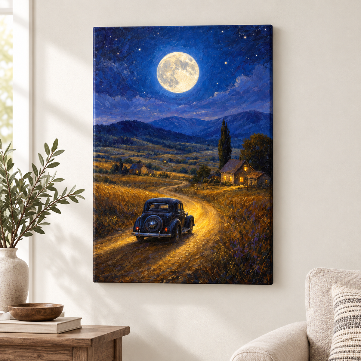 Country Night Full Moon Vintage Car Floater Frame Canvas Wall Art | frameless close wall hero