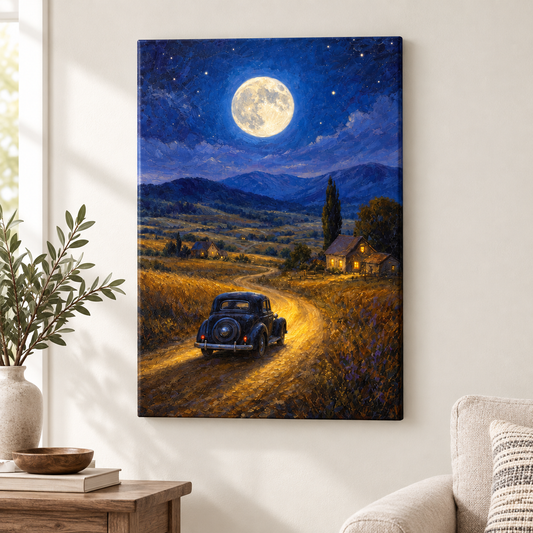 Country Night Full Moon Vintage Car Floater Frame Canvas Wall Art | frameless close wall hero