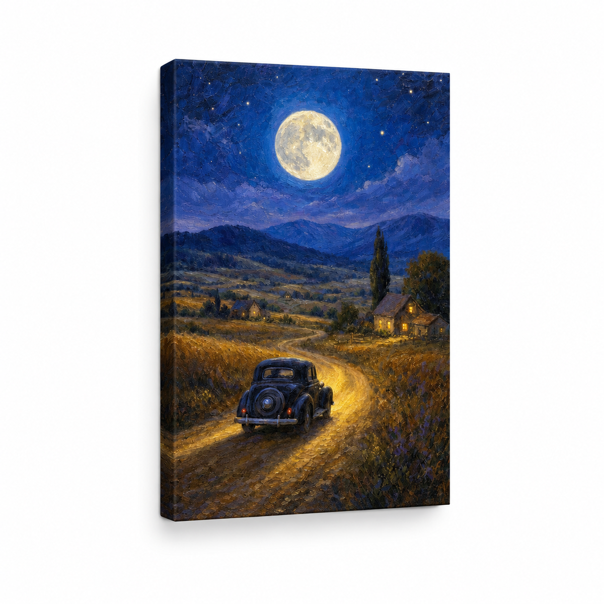 Country Night Full Moon Vintage Car Floater Frame Canvas Wall Art | frameless stretched canvas SKU