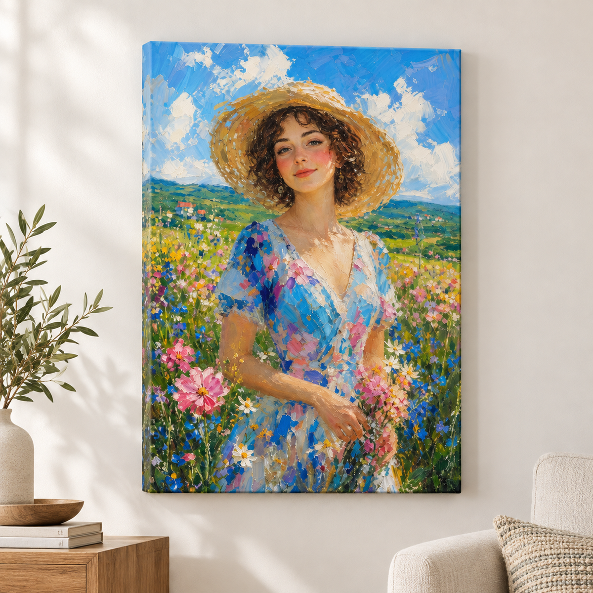 Impressionist Young Woman Wildflowers Hat Floater Frame Canvas Wall Art | frameless close wall hero