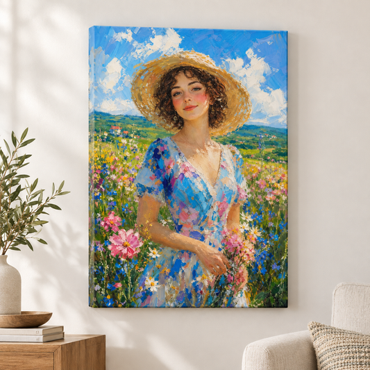 Impressionist Young Woman Wildflowers Hat Floater Frame Canvas Wall Art | frameless close wall hero
