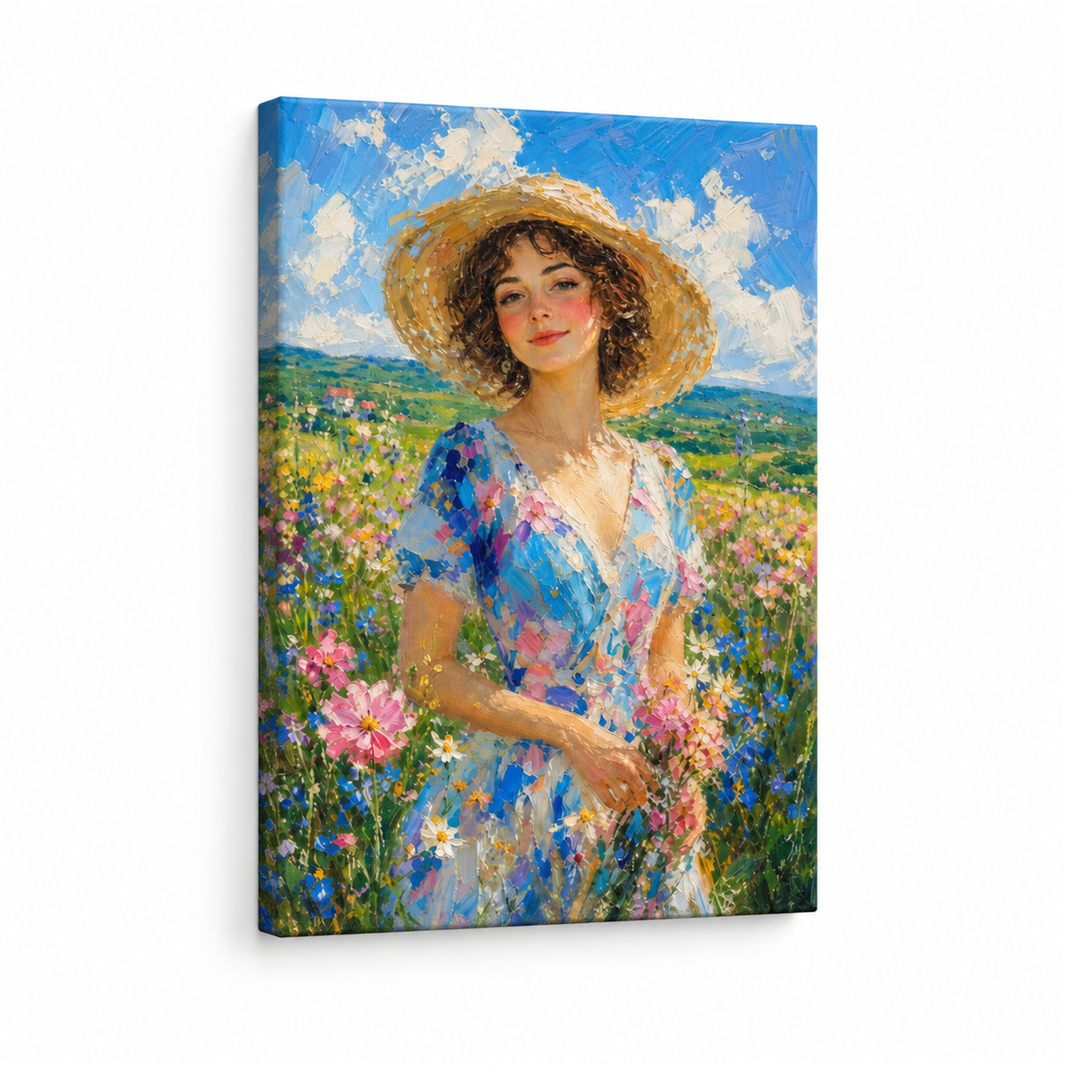 Impressionist Young Woman Wildflowers Hat Floater Frame Canvas Wall Art | frameless stretched canvas SKU