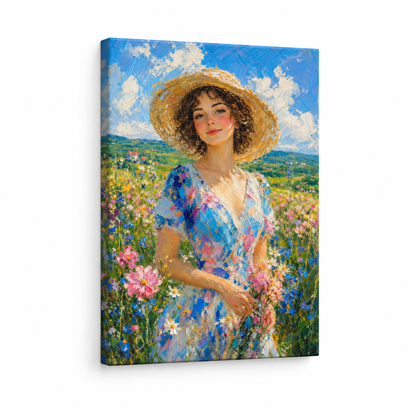 Impressionist Young Woman Wildflowers Hat Floater Frame Canvas Wall Art | frameless stretched canvas SKU