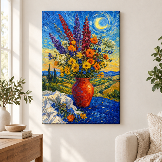 Post Impressionist Flower Vase Blue Tablecloth Floater Frame Canvas Wall Art | frameless close wall hero