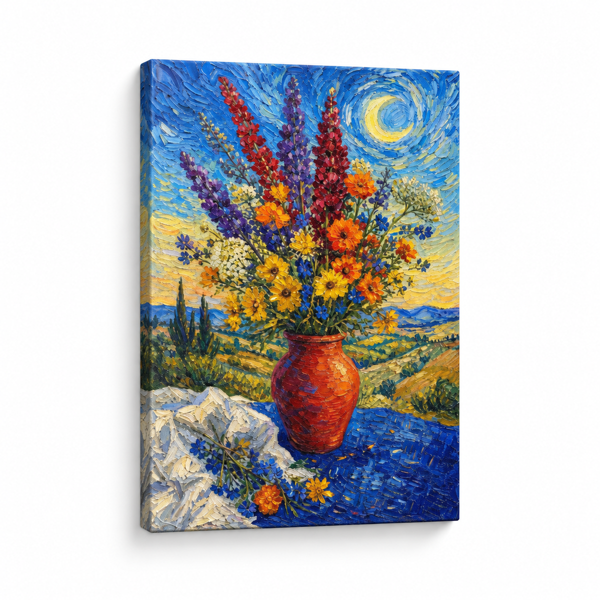 Post Impressionist Flower Vase Blue Tablecloth Floater Frame Canvas Wall Art | frameless stretched canvas SKU