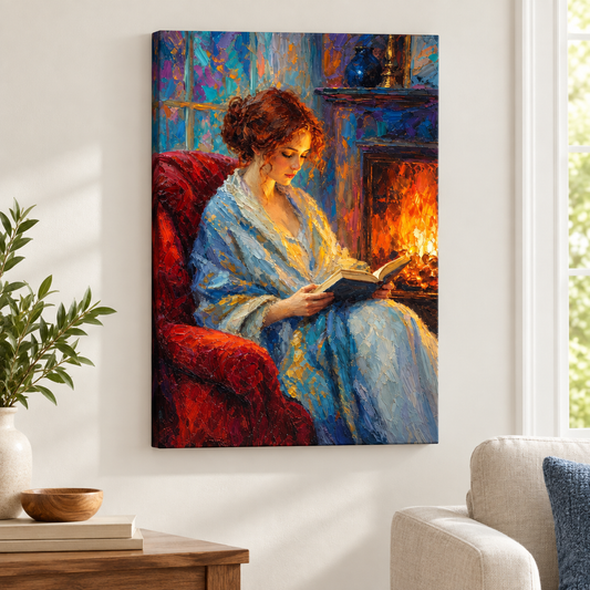 Reading Woman Fireplace Impasto Floater Frame Canvas Wall Art | frameless close wall hero