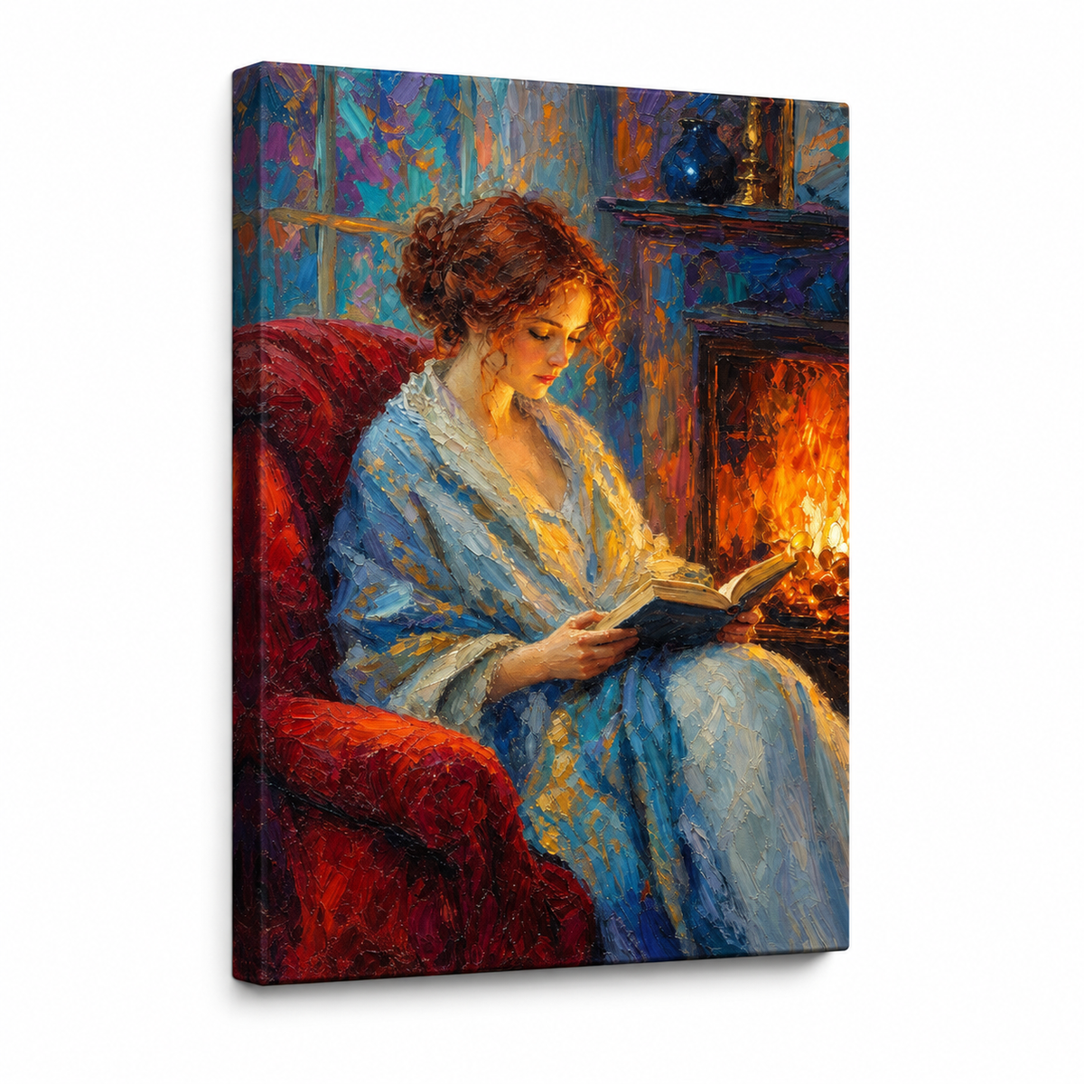 Reading Woman Fireplace Impasto Floater Frame Canvas Wall Art | frameless stretched canvas SKU