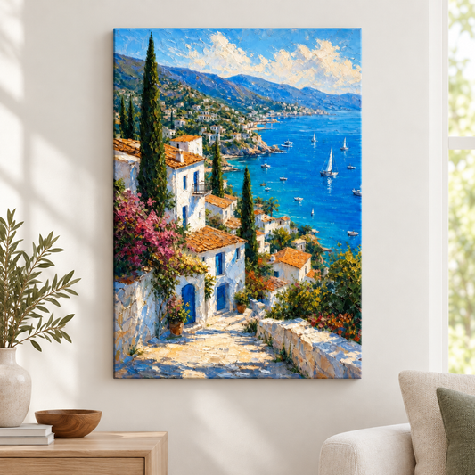 Mediterranean Coastal Village Impasto Floater Frame Canvas Wall Art | frameless close wall hero