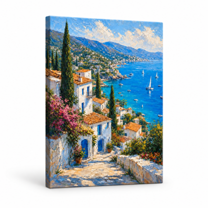 Mediterranean Coastal Village Impasto Floater Frame Canvas Wall Art | frameless stretched canvas SKU