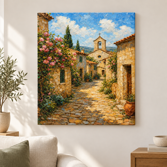 Sunny European Stone Village Impasto Floater Frame Canvas Wall Art | frameless close wall hero