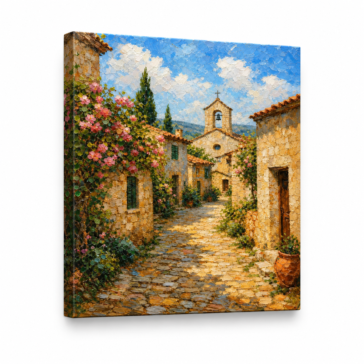 Sunny European Stone Village Impasto Floater Frame Canvas Wall Art | frameless stretched canvas SKU