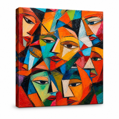 Fragmented Faces Cubist Impasto Floater Frame Canvas Wall Art | frameless stretched canvas SKU