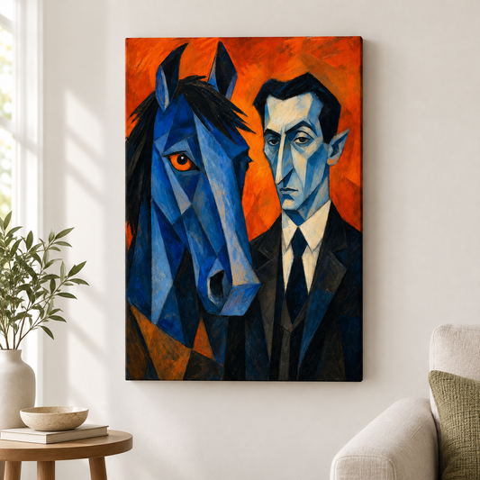 Blue Horse and Suited Man Cubist Floater Frame Canvas Wall Art | frameless close wall hero