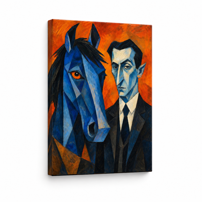 Blue Horse and Suited Man Cubist Floater Frame Canvas Wall Art | frameless stretched canvas SKU