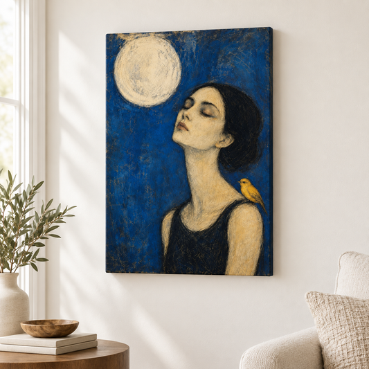Moon Bird Woman Expressionist Portrait Floater Frame Canvas Wall Art | frameless close wall hero