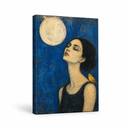 Moon Bird Woman Expressionist Portrait Floater Frame Canvas Wall Art | frameless stretched canvas SKU