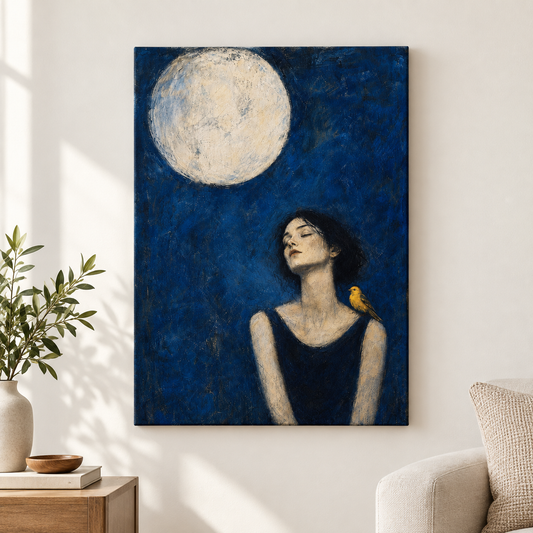 Moonlit Bird Woman Expressionist Floater Frame Canvas Wall Art | frameless close wall hero