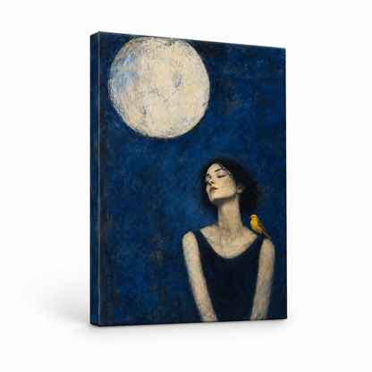 Moonlit Bird Woman Expressionist Floater Frame Canvas Wall Art | frameless stretched canvas SKU