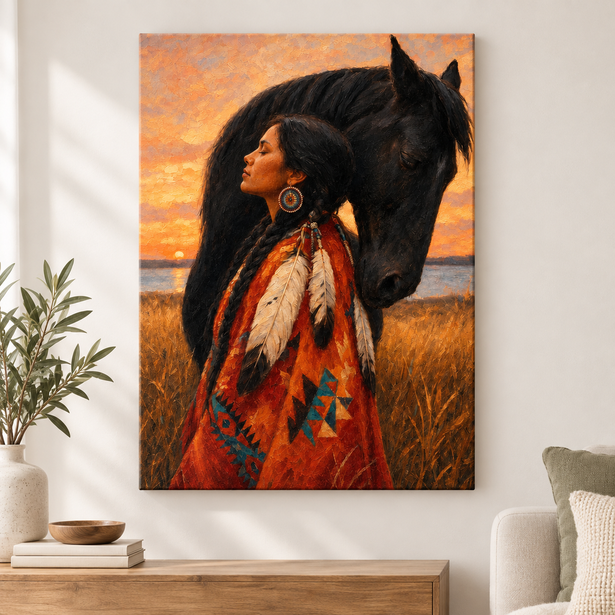 Indigenous Woman and Black Horse Floater Frame Canvas Wall Art | frameless close wall hero